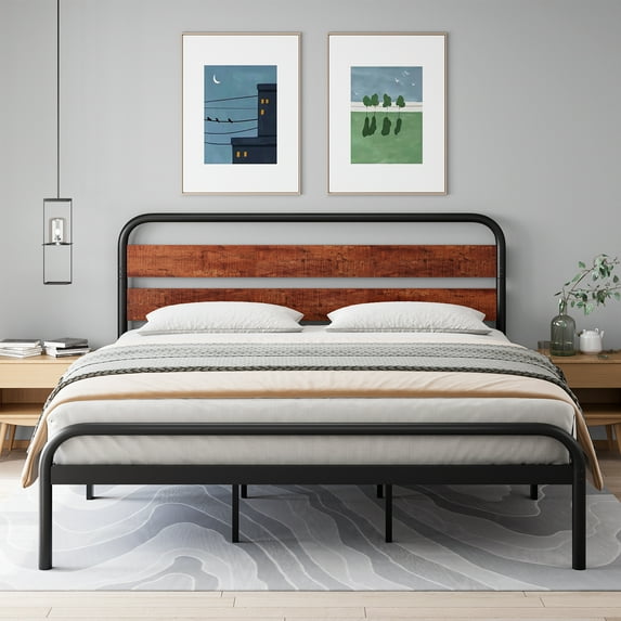 EastVita Bed Frame with Wood Headboard,Full /Queen /King Size Heavy Duty Platform Bed Frame,Metal Slat Support, Noise Free Design Easy Installation