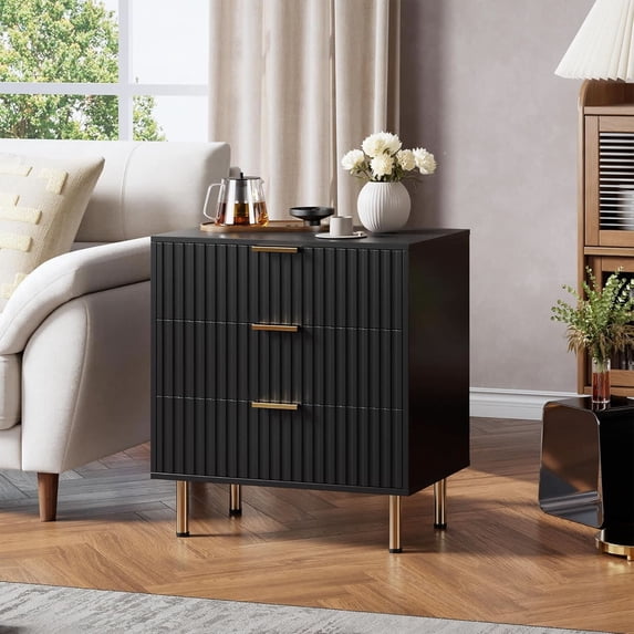 EastVita Black 3 Drawer Dresser for Bedroom - Fluted Modern Nightstand with Deep Drawers - Chest of Drawers with Wide Top - Wooden Dresser Organizer - Side Table for Living Room/Hallway/Kids Room