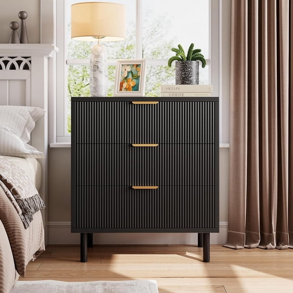 EastVita Black Fluted 3 Drawers Dresser Wide Wood Chest of Drawers Modern Storage Dresser Chest of Drawers Organizer with Metal Legs and Anti-Tipping Device for Bedroom Living Room