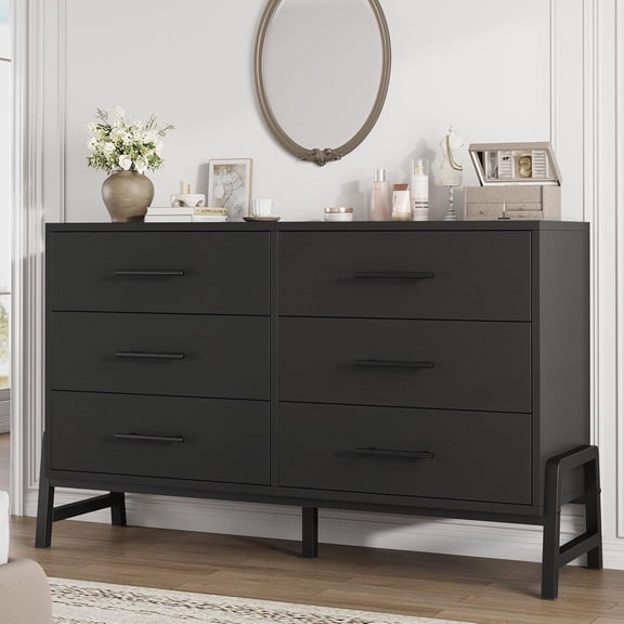 EastVita Black Freestanding 52 Inch Wide Dresser with 6 Large Storage Drawers Closet Storage Dresser Chest for Living Room and Bedroom and Entryway