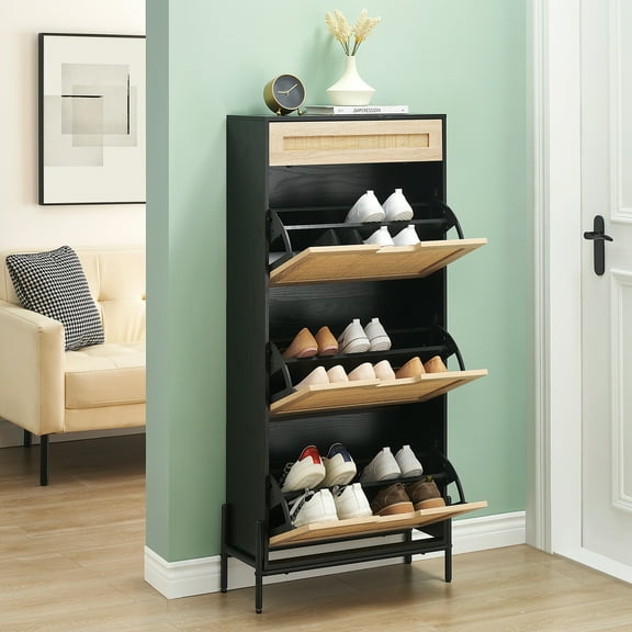 EastVita Black Natural Rattan 3-Door Shoe Cabinet Organizer with Drawer,Freestanding Shoe Rack for Slippers,Sneakers,Heels,Boots – Black