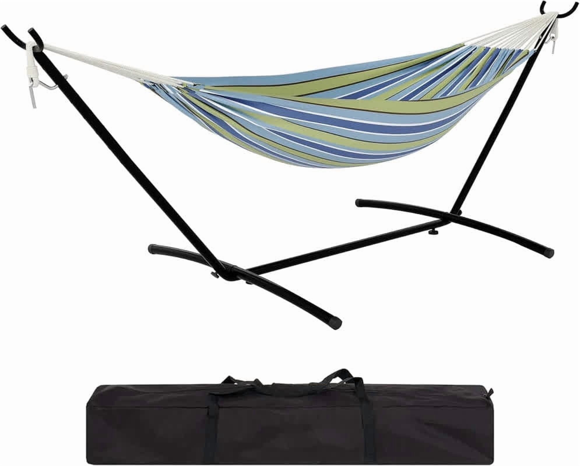 EastVita Blue and Green Stripes Double Person Heavy Duty Hammock with Space-Saving Steel Stand, 450lb Capacity, Portable Carrying Case, Premium Balance Beams, Indoor/Outdoor Use