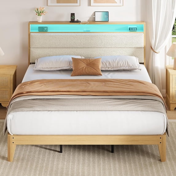 EastVita Boucle Upholstered King Bed Frame with Headboard LED Lights Charging Station 2 Tier Storage Shelves Platform Cream Easy Assembly No Box Spring Needed