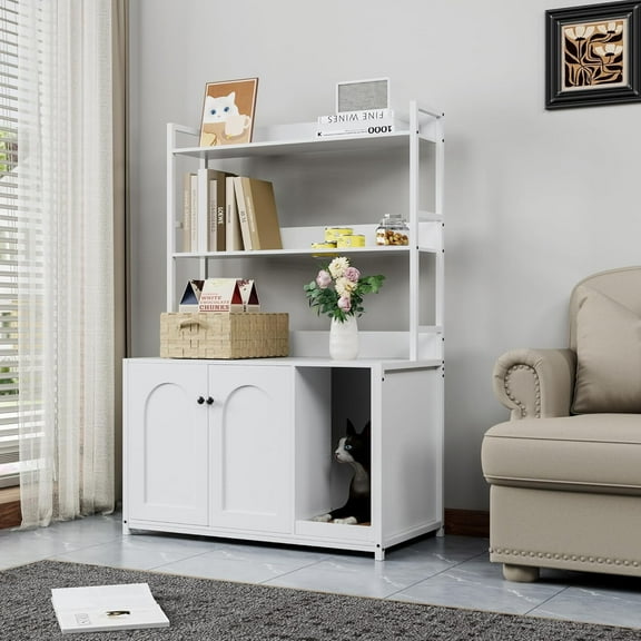 EastVita Box Enclosure with Shelves, Cat Litter Box Furniture with Scratch Pad Hidden Kitty Litter Box Enclosure Furniture Indoor Cat House