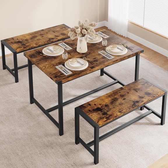 EastVita Brown 3-Piece Dining Table Set for 4 with 2 Benches and Corner Protectors and H-Shaped Frame Compact for Apartments and Small Spaces