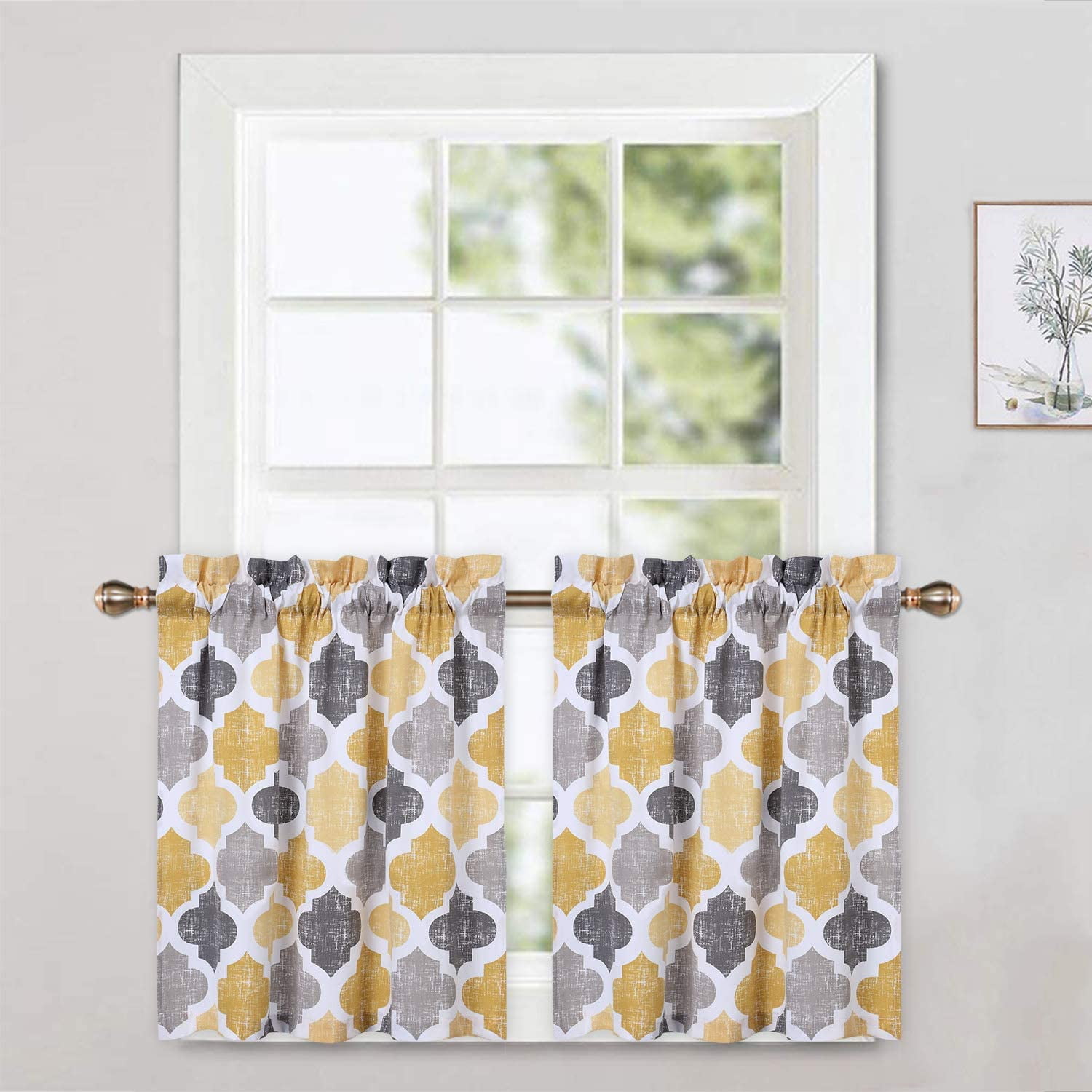 EastVita Cafe Curtain Yellow Fourleaf Clover Print Short Layer Curtain