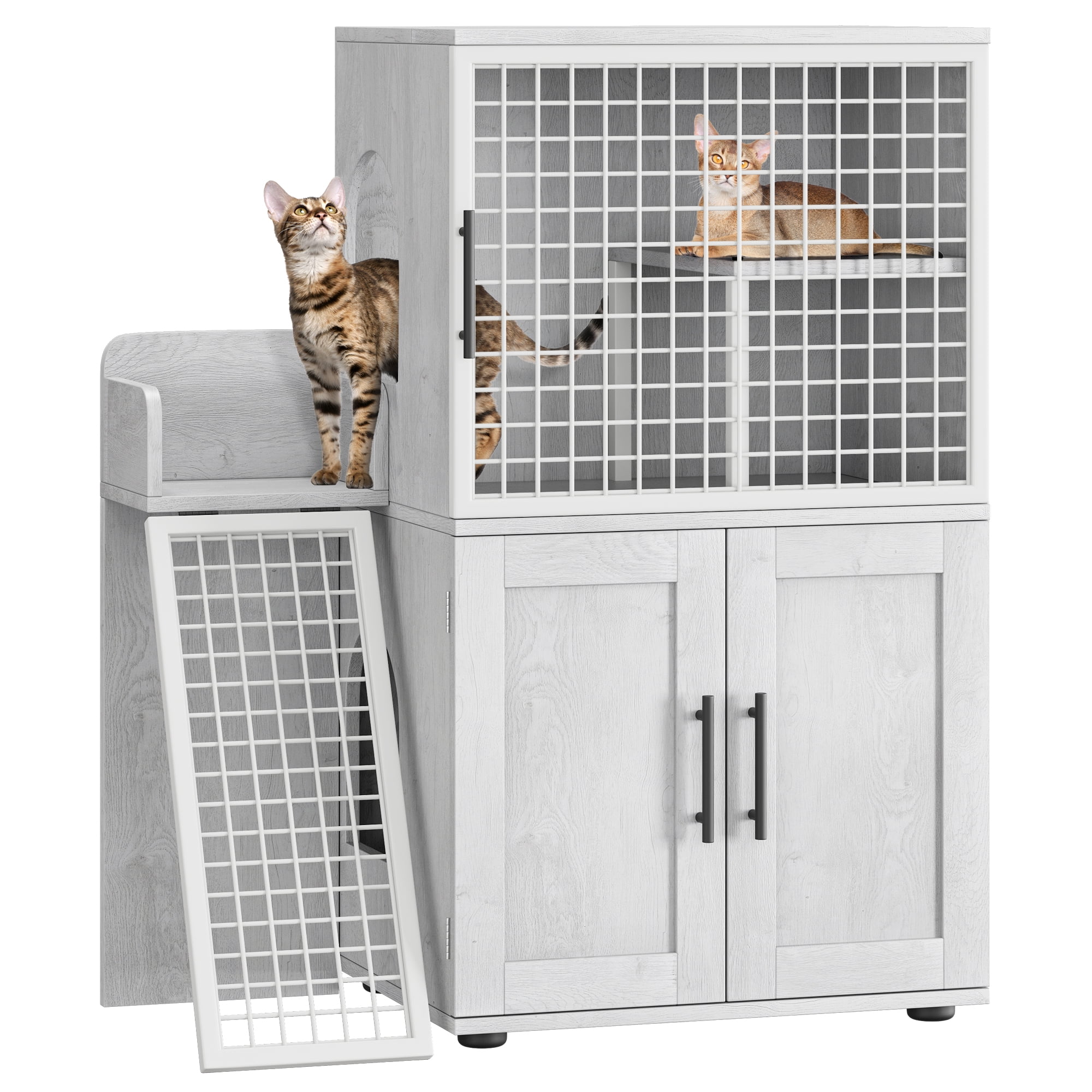 EastVita Cat Litter Box Enclosure with Platform,Double Layer Hidden Cat Litter Furniture,Cat Washroom Indoor Cat House,White