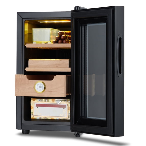 EastVita Cigar Humidor Cabinet 150 Count, 3 in 1 25L Electric Humidor with Hygrometer, Humidifier, Cooling Fan & Spanish Cedar Lining, Lights Control System, Desktop Multi Large Drawers