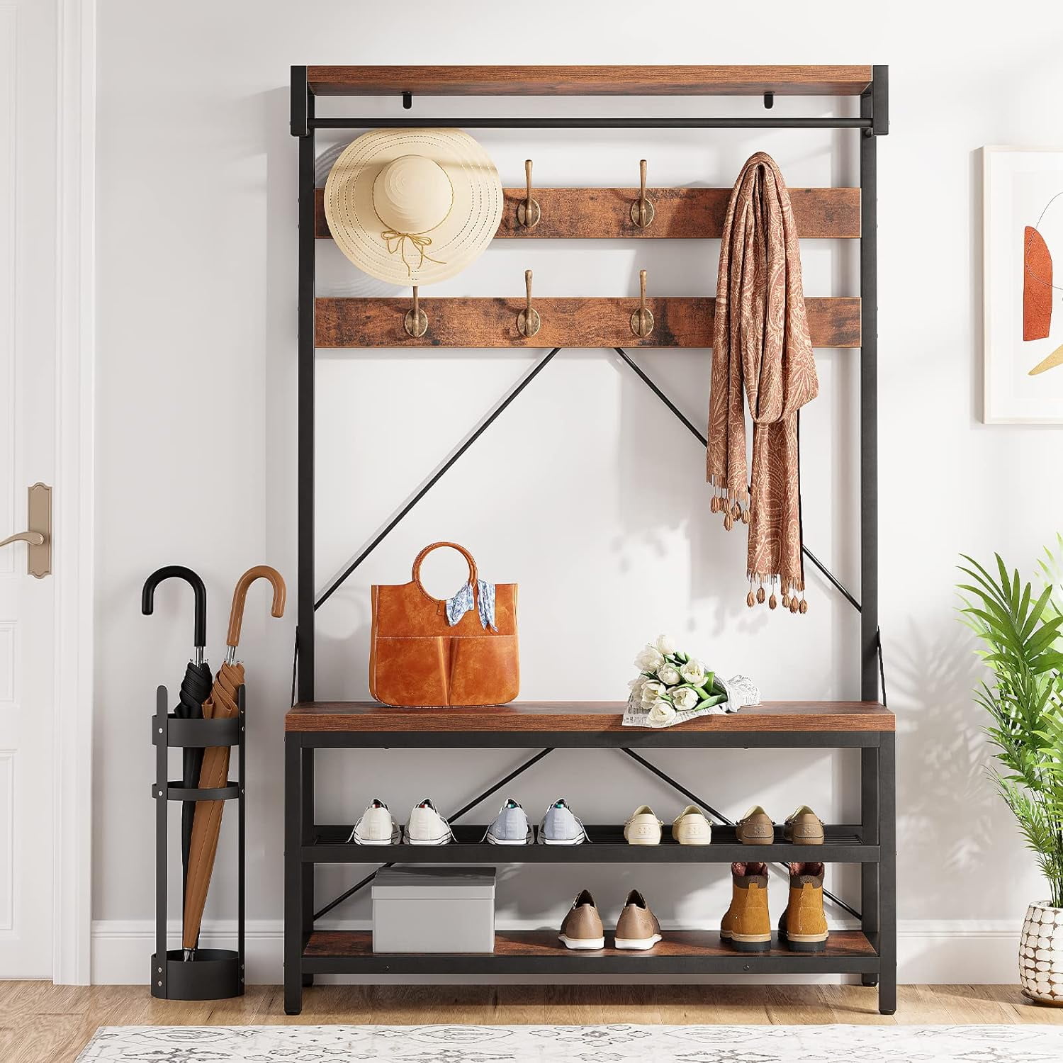 EastVita Coat Rack Shoe Bench Industrial Hall Tree Storage Bench for Entryway Wood Look Accent Large Shoe Rack Bench with Storage Shelf Hanging Bar,8 Hooks Grey 39.9"x15.7"x72"