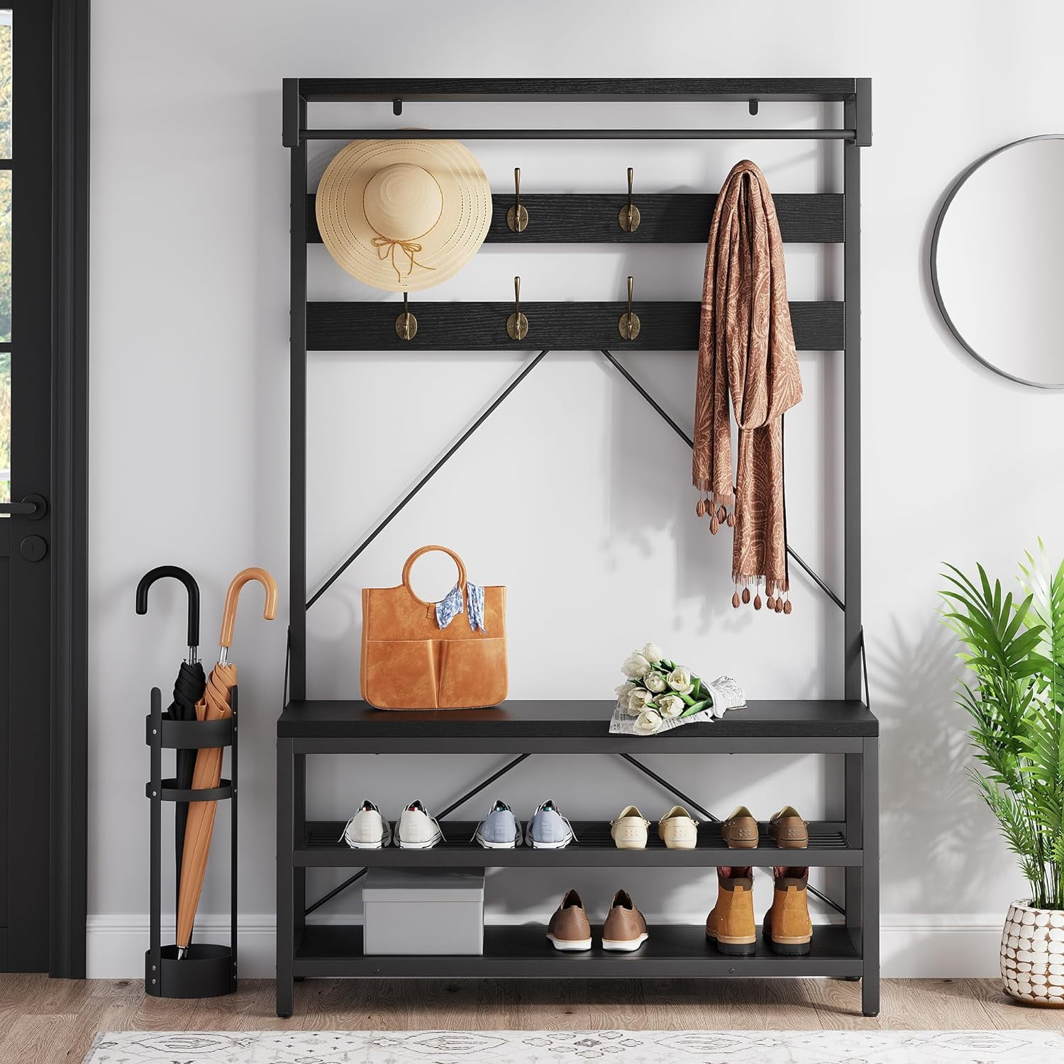 EastVita Coat Rack Shoe Bench Industrial Hall Tree Storage Bench for Entryway Wood Look Accent Large Shoe Rack Bench with Storage Shelf Hanging Bar,8 Hooks Grey 39.9"x15.7"x72"