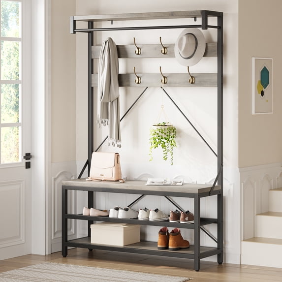 EastVita Coat Rack Shoe Bench Industrial Hall Tree Storage Bench for Entryway Wood Look Accent Large Shoe Rack Bench with Storage Shelf Hanging Bar,8 Hooks Grey 39.9"x15.7"x72"