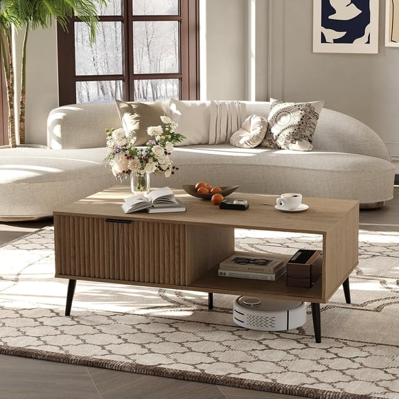 EastVita Coffee Table with Storage Wooden Coffee Tables with Sliding Door and Solid Wood Legs 2-Tier Cocktail Table Mid Century Modern Coffee Table for Living Room Home Office Farmhouse - Wood