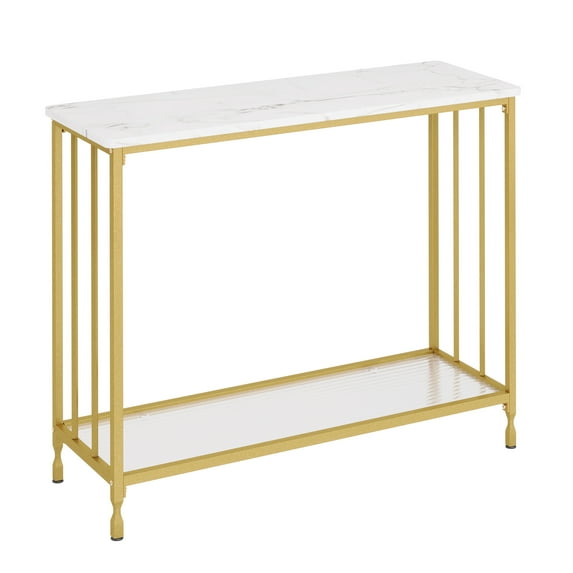 EastVita Console Table with 2 Storage Shelves,Entryway Table with Glass Shelf,Behind Couch Side Table,Metal Frame,Gold