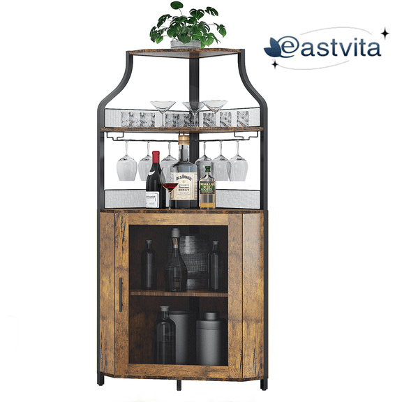 EastVita Corner Bar Cabine, Wine Cabinet with Removable Glass Shelves, Sideboard Buffet Cabinet, Rustic Brown