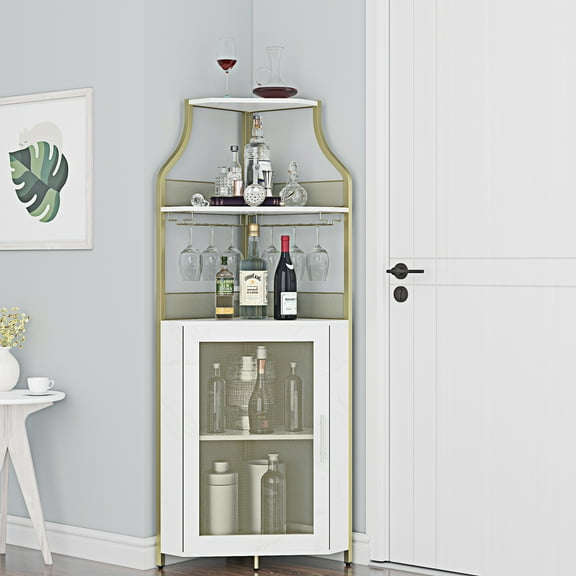 EastVita Corner Wine Bar Cabinet with Detachable Wine Rack Bar Cabinet with Glass Holder, Small Sideboard and Buffet Cabinet