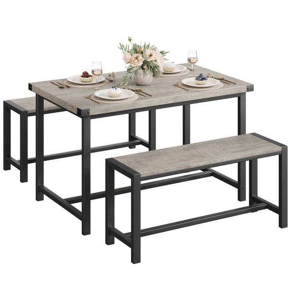 EastVita Dining Table Set for 4,Rectangular Kitchen Table Set with 2 Benches,Modern Dining Room Table and Benches,3 Piece Kitchen Table Set,Sturdy Gray