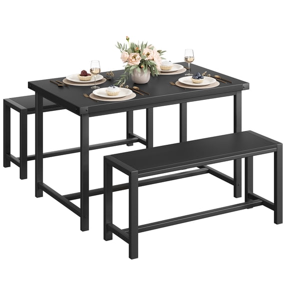 EastVita Dining Table Set for 4, Kitchen Table with Benches, Rectangular Dining Room Table Set with Sturdy Benches, 3 Piece Kitchen Table Set