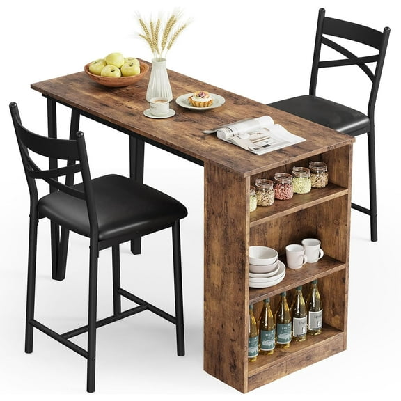 EastVita Dining Table Set of 2, Kitchen Bar Table and Chairs , Counter Bar Table Set with 3 Storage with 2 Upholstered Chairs