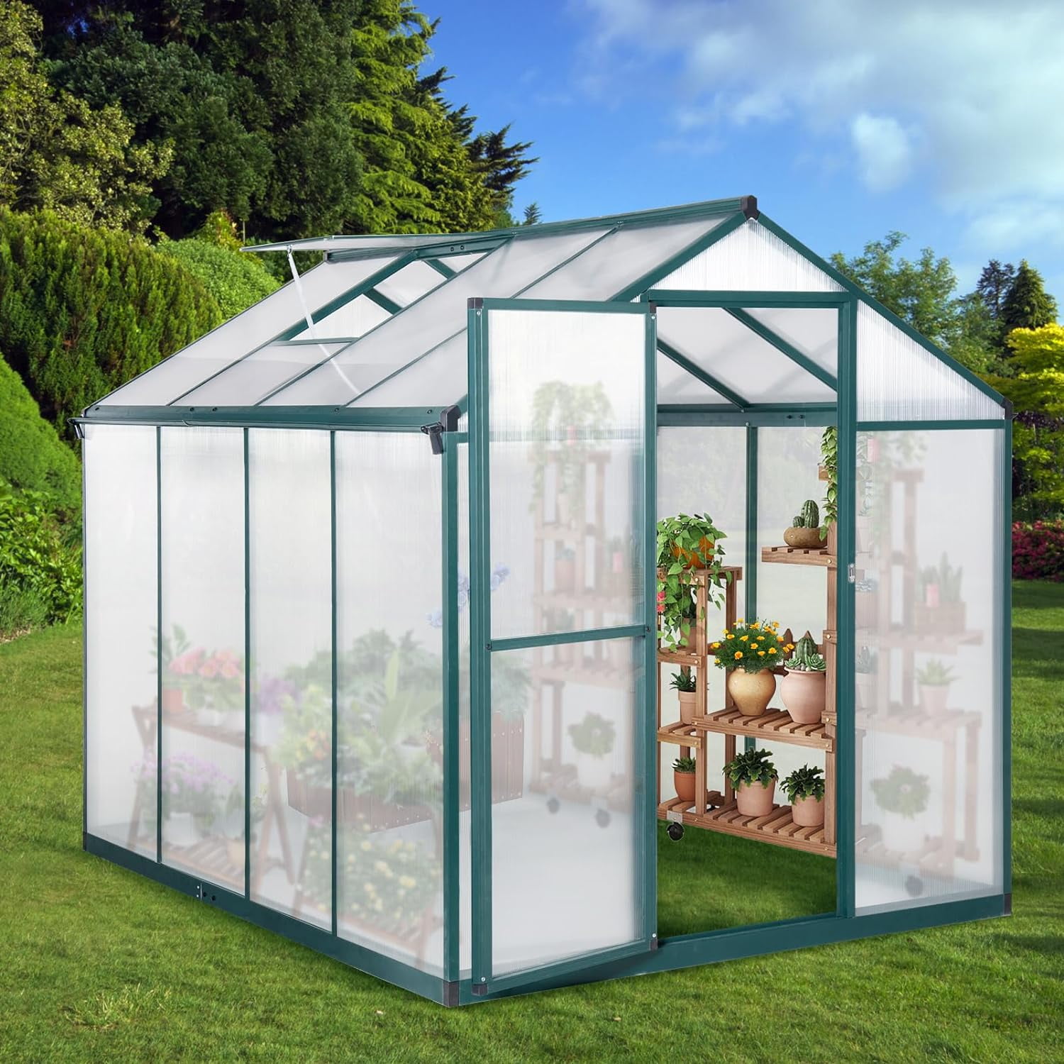Green 6x8FT Polycarbonate Aluminum Frame Walk-In Greenhouse