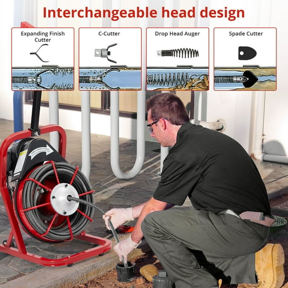 EastVita Electric Drain Cleaner Machine,50FT 1/2 Inch Sewer Snake,Auto Feeding & Foot Switch,2"-4" Pipes,4 Cutter Heads