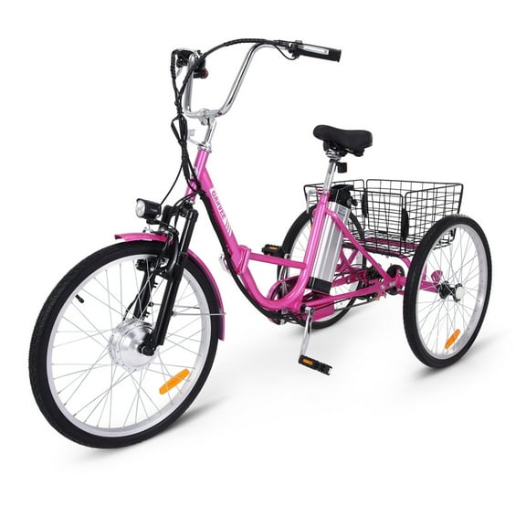 EastVita 【Electric Trike,7-Speed Adult Electric Tricycle】Folding Electric Tricycle with Basket,36V Detachable Battery,250W Brushless Motor,24"&26" Rose Red
