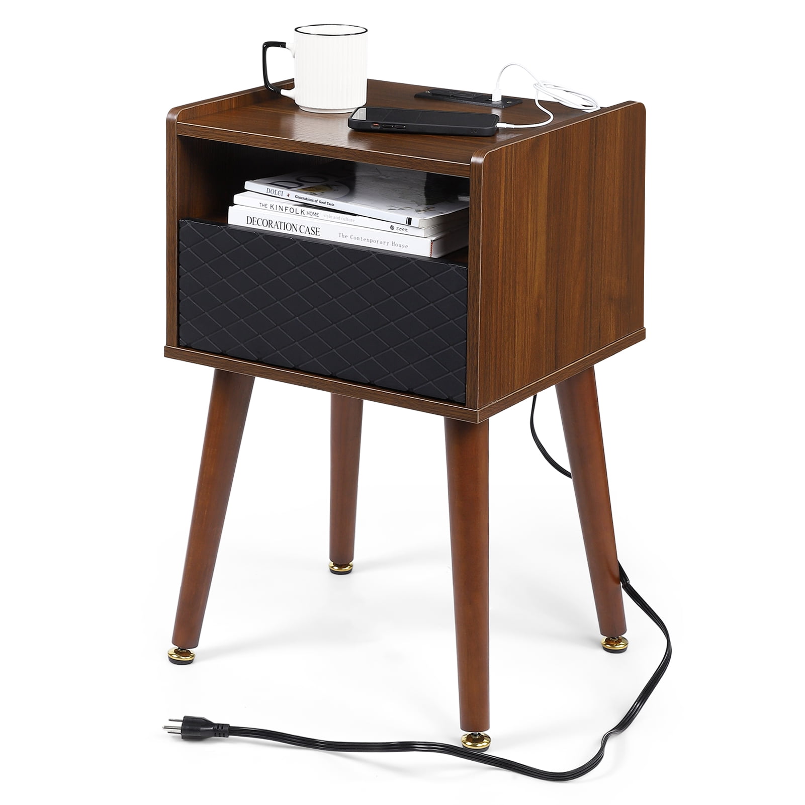 Mid-Century Modern Walnut Wood Nightstand with Black Drawer and USB Ports