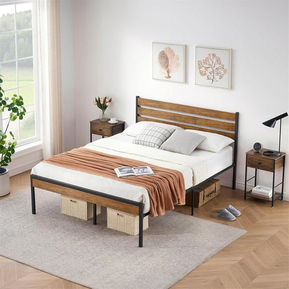 EastVita FULL Size Bed Frame with Wooden Headboard and Footboard, Metal Platform Slats Heavy Duty Support, No Box Spring Needed