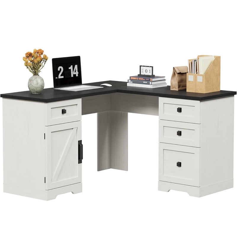 EastVita Farmhouse 60" Executive L Shaped Desk, Home Office Desk with File Drawers and Storage Cabinet, Corner Computer Desk with Adjustable Side Storage Cabinet