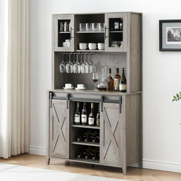 EastVita Farmhouse Bar Cabinet with Sliding Barn Door,69" Rustic Liquor Cabinet with Wine & Glass Rack,Storage Hutch Sideboard,Gray
