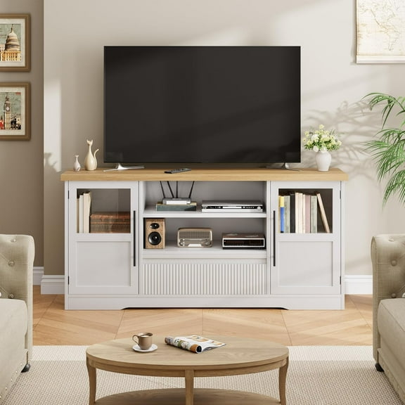 EastVita Farmhouse TV Stand Fits Up to 72" TV, Wave Pattern Entertainment Center with 2 Glass Door Cabinets & 2 Open Storage Compartments for Living Room