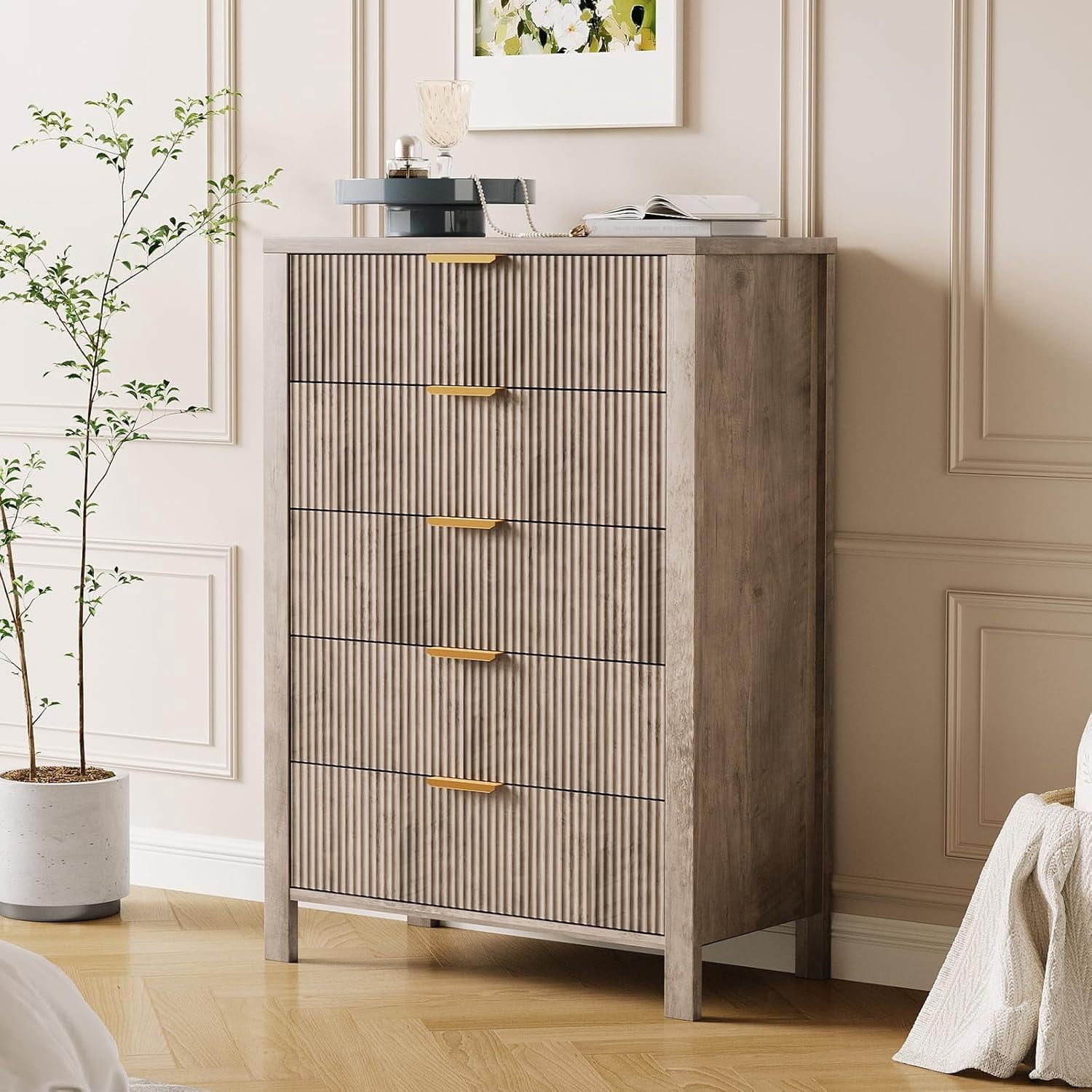 EastVita Fluted 5 Drawer Dresser,45 Inch Tall Slim Dresser for Small Spaces, Modern Farmhouse Wooden Chest of Drawers for Bedroom Nursery Apartment