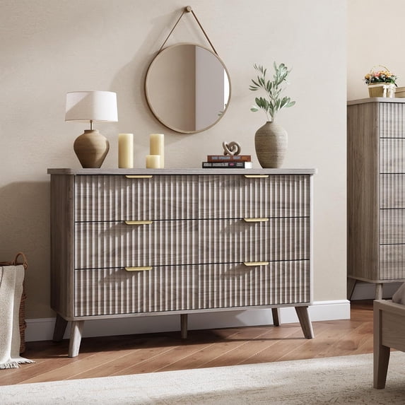 EastVita Fluted Dresser for Bedroom with 6 Deep Drawers 47in Tall Chest of Drawers with Faux Marble Top Curved Profile Design Modern Wooden Dresser for Living Room Kids Room Hallway-Grey
