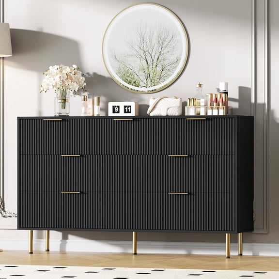 EastVita Fluted Wood 6 Drawers Dresser for Bedroom - Large Modern Chest of Drawers - Black Dresser with Gold Handle - Wood Drawer Organizer for Bedroom/Living Room/Hallway/Entryway