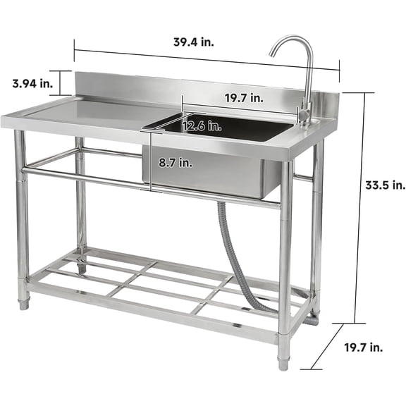 EastVita Freestanding Stainless Steel Kitchen Utility Sink 47x19.7x33.5 Inch Single Bowl With Faucet Workstation Hot Cold 360 Swivel Durable Rust Resistant For Restaurant Kitchen Garage Outdoor