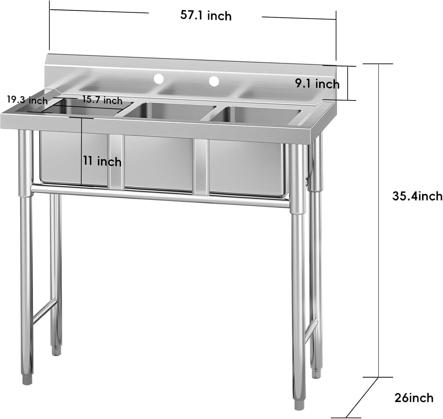 EastVita Freestanding Stainless Steel Kitchen Utility Sink 57.1x26x35.4 Inch Triple Bowl Without Faucet Heavy Duty Rust Resistant For Restaurant Kitchen Garage Outdoor