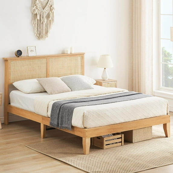 EastVita Full Bed Frame with Rattan Headboard ,LED Lights,Solid Wood Foundation for Summer with Wood Slat Support/No Box Spring Needed/Easy Assembly