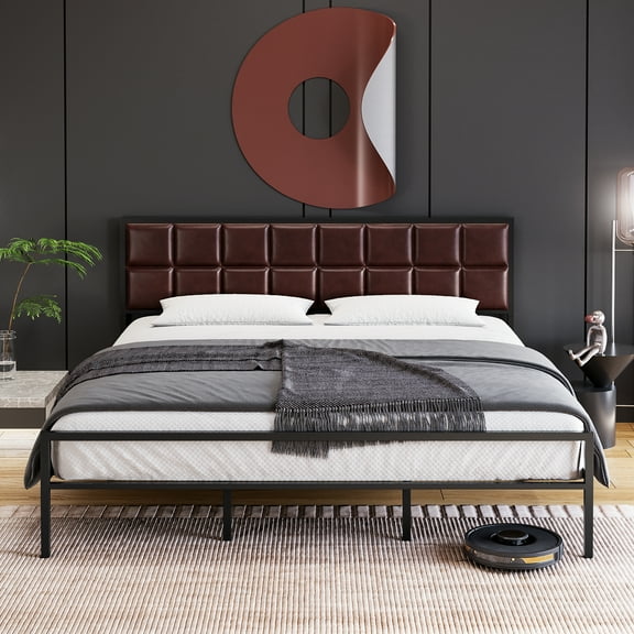 EastVita Full Size Bed Frame, Faux Leather Platform Bed Frame with Upholstered Square Stitched Headboard, Metal Bed Frame