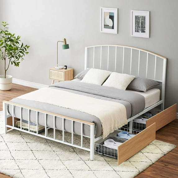 EastVita Full Size Platform Bed Frame with 4 Storage Drawers,Headboard and Footboard,Upholstered Mattress Platform,White