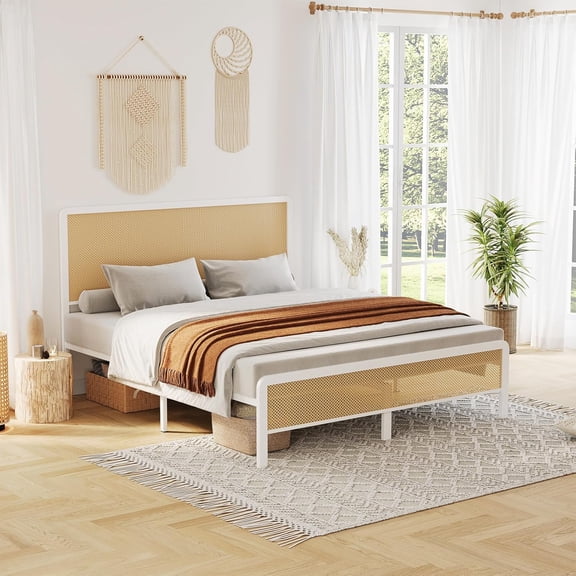 EastVita Full Size Rattan Bed Frame with Headboard,Cane Boho Platform Bed,Modern Sturdy Steel Slat Support,No Box Spring,White