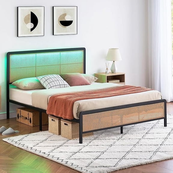 EastVita Full Size Rattan Bed Frame with Headboard, Modern Style Cane Boho Bed Frames with Heavy Duty Sturdy Steel Slat Support, No Box Spring
