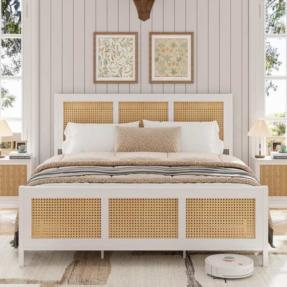 EastVita Full Size Rattan Bed Frame with Headboard, White Boho Cane Platform Bed Frame with Strong Metal Slat, Noise Free, No Box Spring Needed