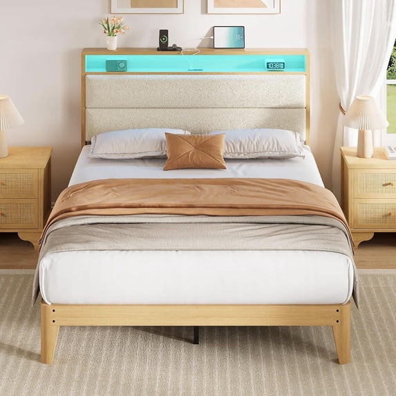 EastVita Full Size Upholstered Bed with Storage Headboard- LED Boucle Platform Bed with Charging Station- No Box Spring Needed- Easy Assembly- Beige - Space-Saving Design