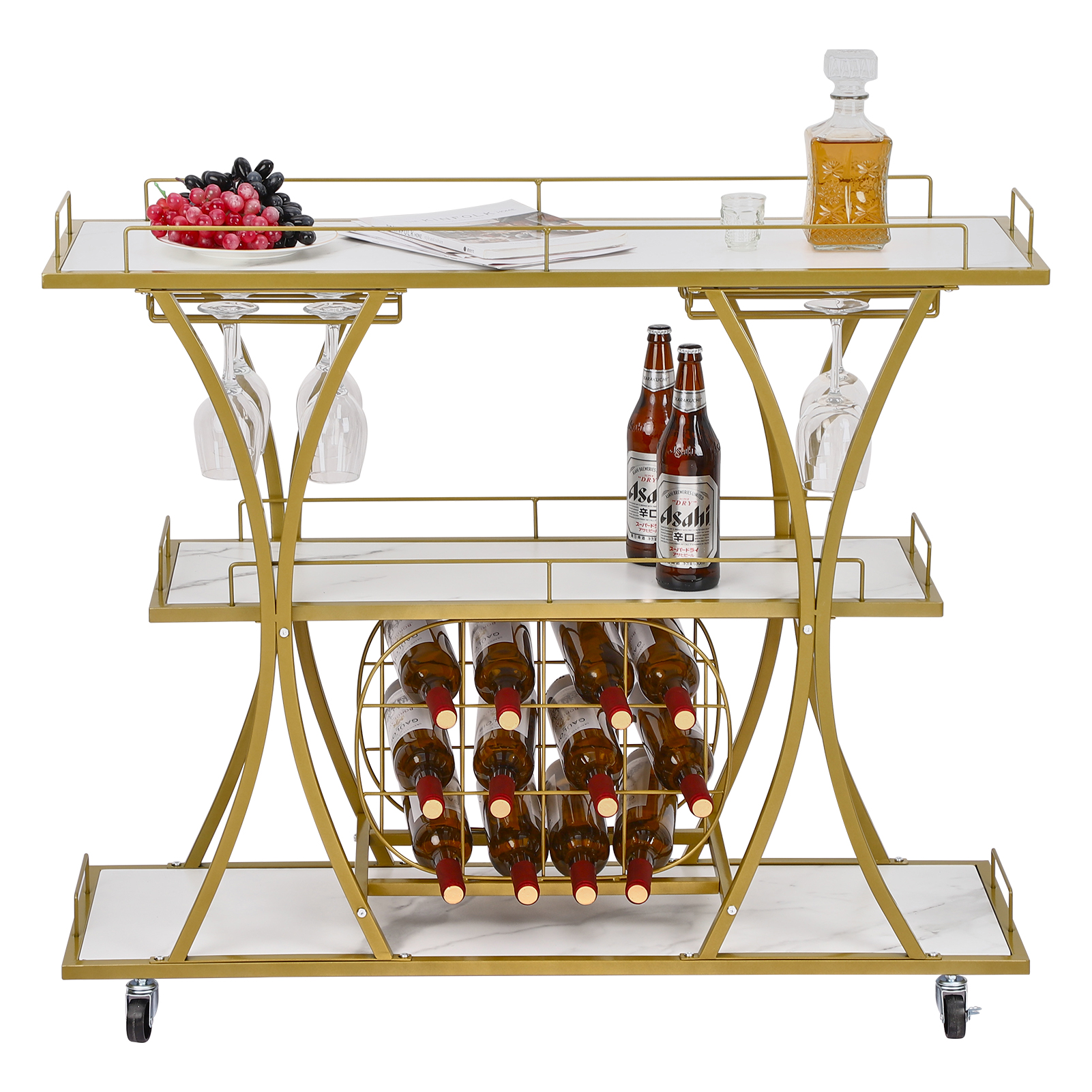 EastVita Gold Bar Cart with Wheels,3 Tier Bar Serving Cart with Glass
