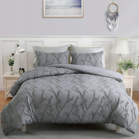 EastVita Grey Duvet Cover King Size, 3 Pieces Branches Tufted Embroidery Shabby Chic Duvet Cover Set for All Seasons, Grey