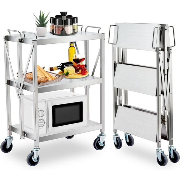 EastVita Heavy Duty Folding Utility Cart,Stainless Steel Service Cart 133 lbs Shelf,3-Tier Rolling Cart with Lockable Wheels for Restaurant,Garage,Office,Silver