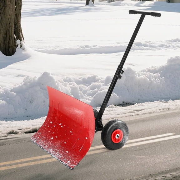 EastVita Heavy Duty Steel Hand Snow Pusher 29In Wide Wheeled Adjustable Handle Angled Blade Efficient Driveway Pavement Clearing