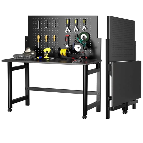 EastVita Heavy-Duty Wall-Mounted Workbench Workbench with Pegboard Work Bench Table for Foldable Metal Tool Work Bench Black