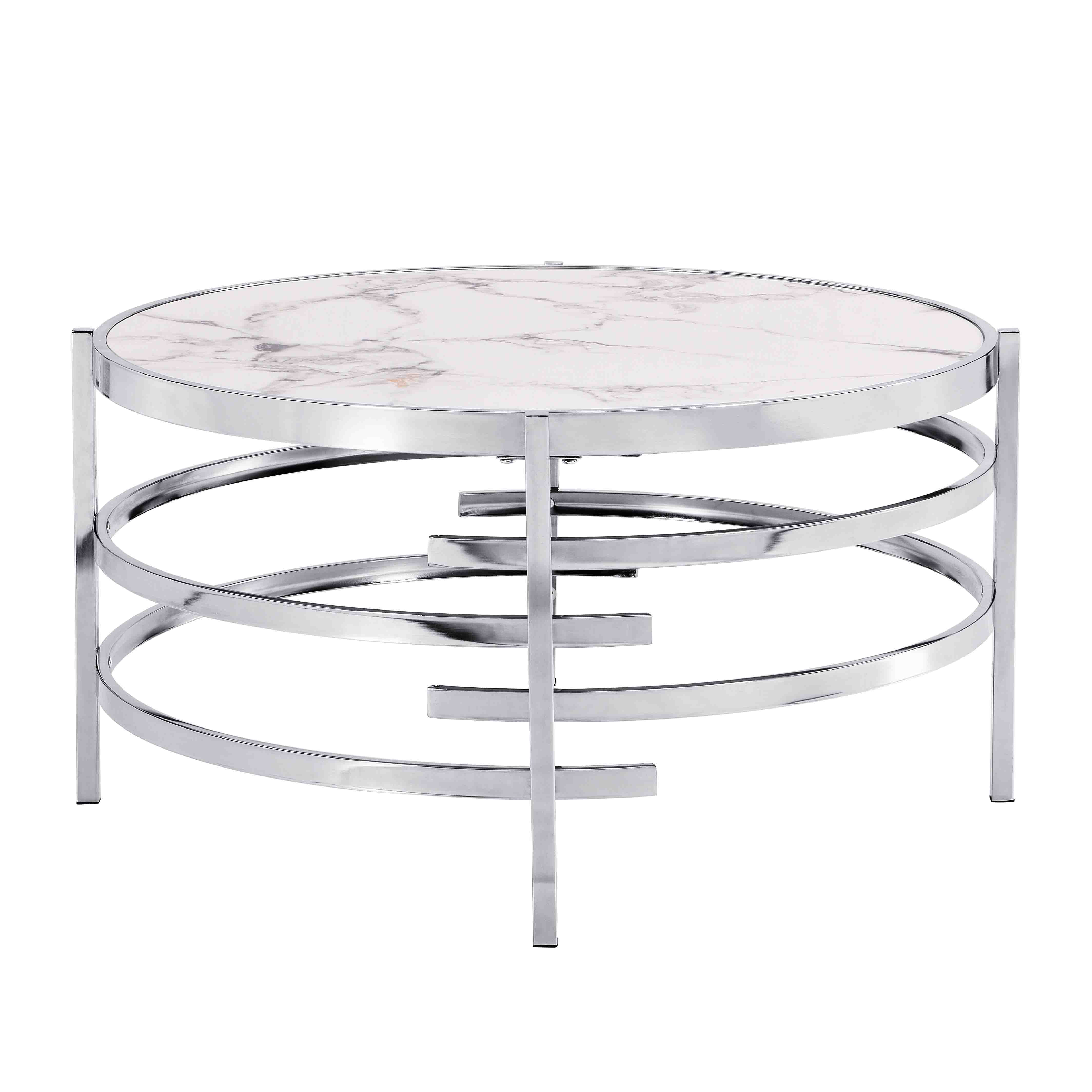 EastVita Iron 32.48" Chrome Round Coffee Table with Sintered Stone Top ...