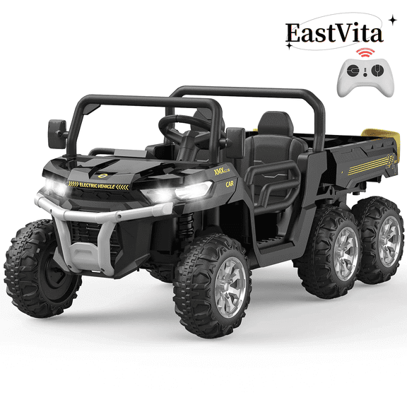 EastVita Kids 24V Ride on Car Large Farm Tractor Dump Truck 6 Wheels with Electric UTV Vehicles with Electric Car Hopper Ride on Toys ,with Lighting, Mp3 ((Black)