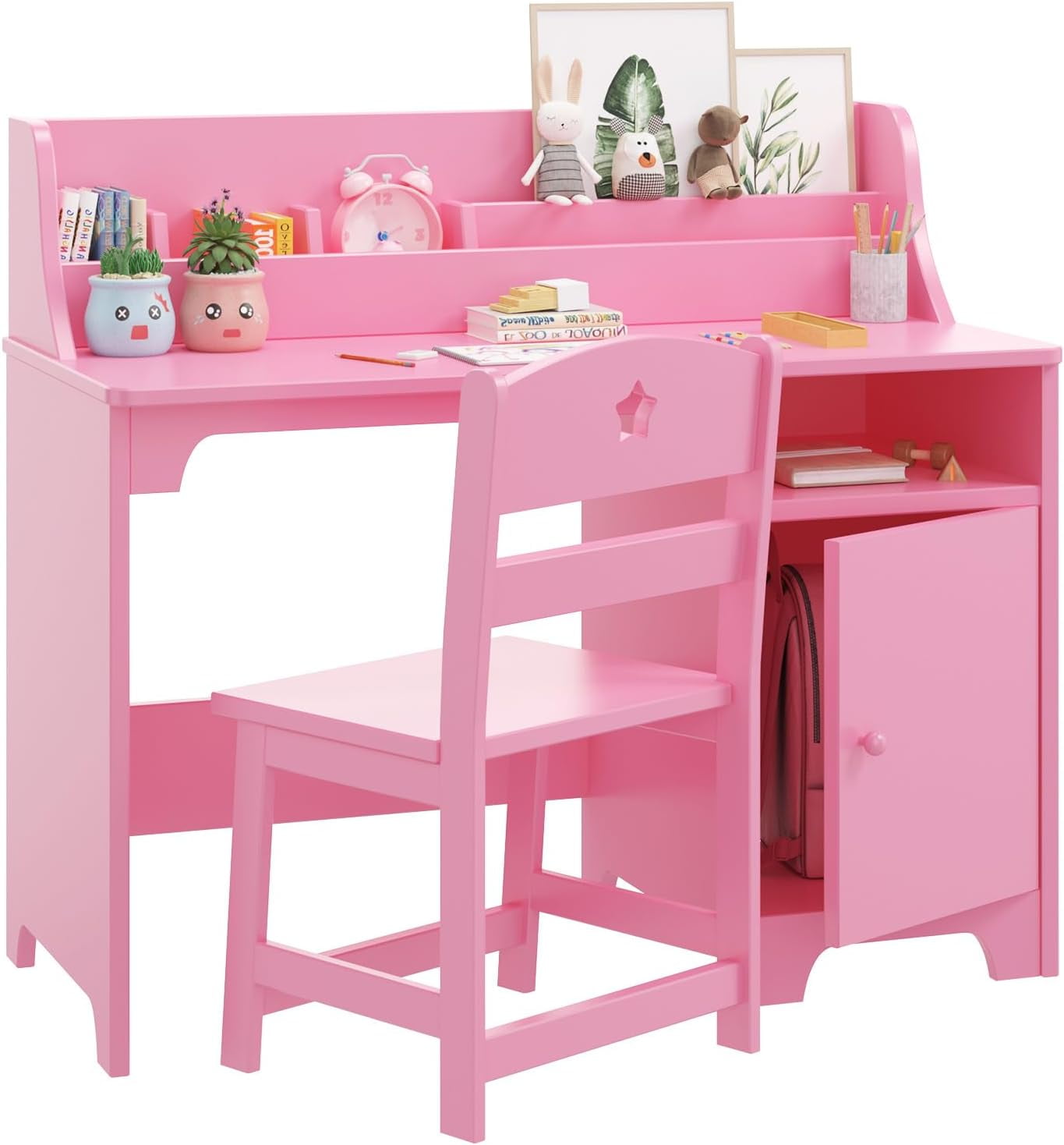 Pink Wooden Kids Writing Desk with Hutch and Filing Cabinet